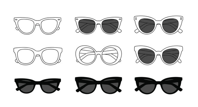 Nine variations of cat-eye sunglasses featuring outline frames, dark lenses, and solid black designs on a white background.