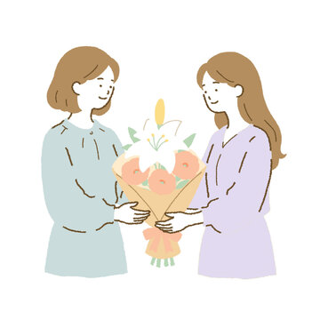 花束を贈る二人の女性 お祝い・送別・感謝の人物イラスト