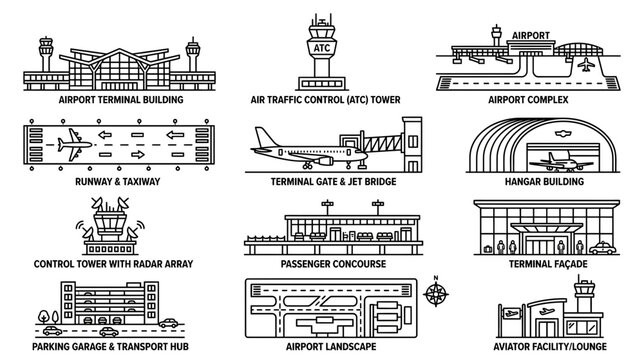 Airport Icons: Terminal, Runway, Control Tower, Hangar, Jet Bridge, ATC