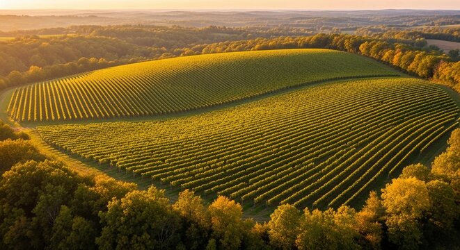 Expansive vineyard landscape bathed in golden sunset light, showcasing rows of ripening grapes and rolling hills.