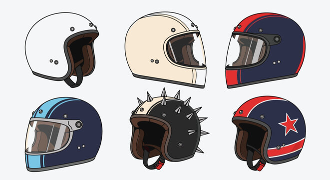 Set of six classic and retro motorcycle helmets with different styles and colors, including a spiked design.