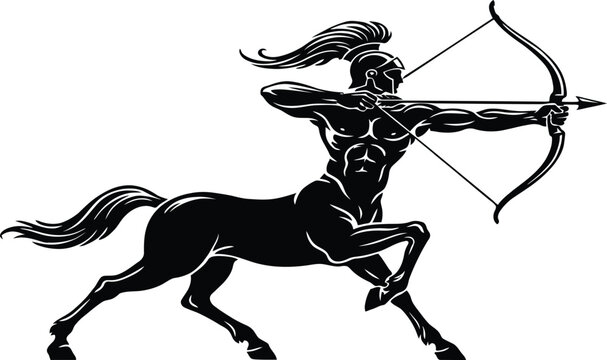 Black and white graphic illustration of a mythical centaur warrior aiming a bow and arrow during a fast charge