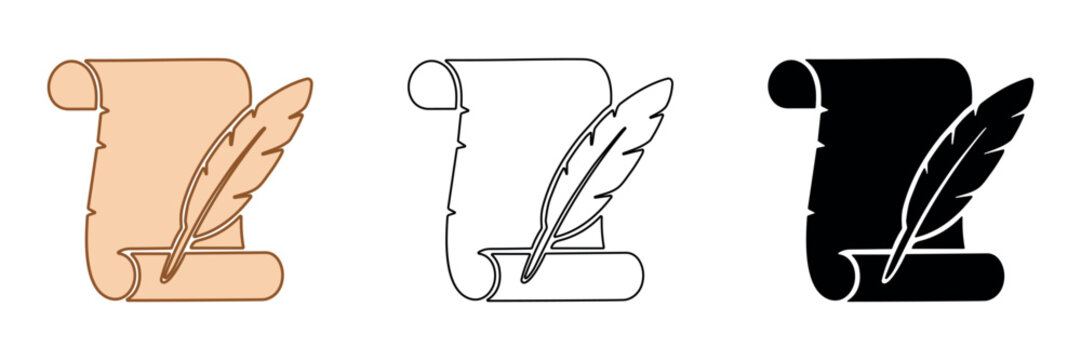 Vintage scroll and quill pen icons in three styles: color, outline, and silhouette