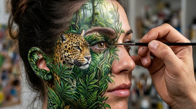Woman's face painted with jungle scene with artist applies details brush