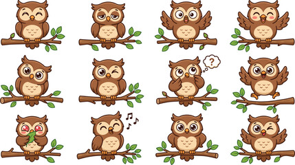 Fototapeta premium Cute Cartoon Owl Character Sheet with Multiple Expressions and Poses Sitting on Tree Branches Singing Winking and Thinking Vector Illustration Clipart