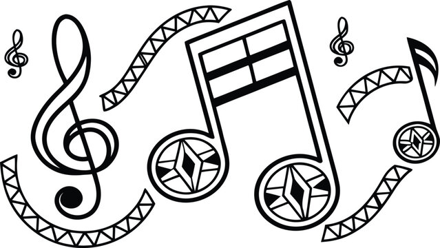 Geometric music notes with treble clef and decorative ribbons