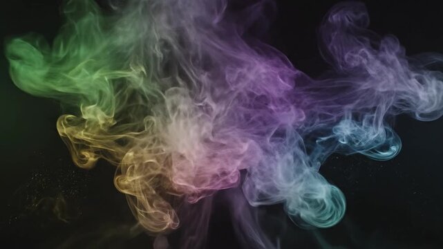 Abstract colorful smoke clouds collide and blend in a dark studio with gritty cinematic texture
