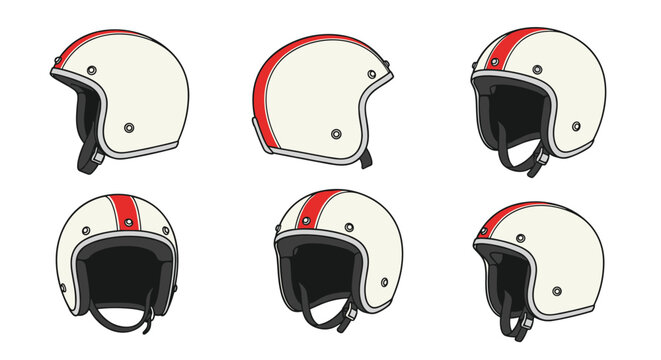 Classic open face motorcycle helmet shown from six different angles in clean line art vector illustration.