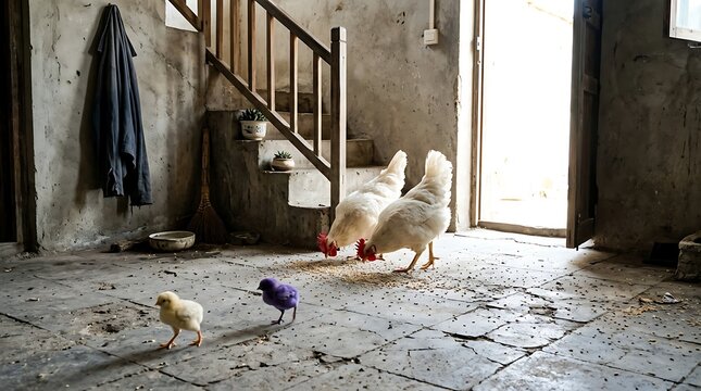 Hens and chicks pecking grain on rustic farm floor with one yellow one purple