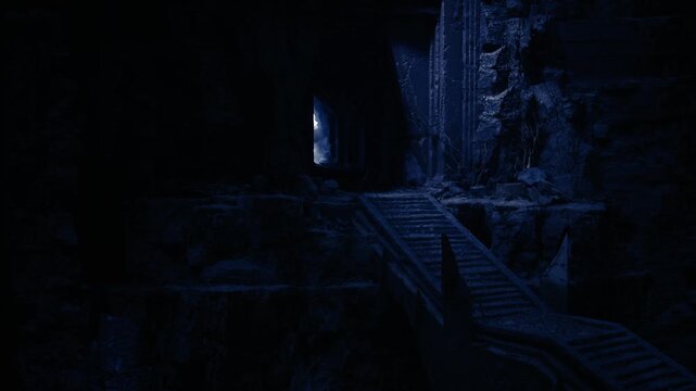 Blue light spills from chamber entrance, narrow walkway and sturdy bridge lead into inner hollow, damp walls glisten with mineral veins and quiet mystery