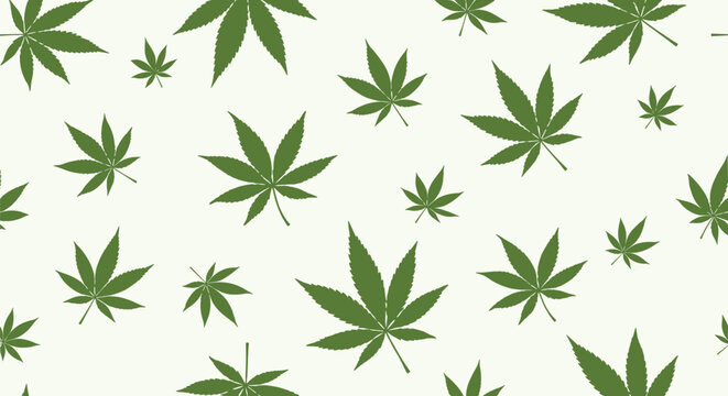 Cannabis leaves seamless pattern showcases green marijuana foliage of different sizes scattered across a light cream background.