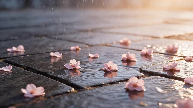 Pink cherry blossoms on wet stone