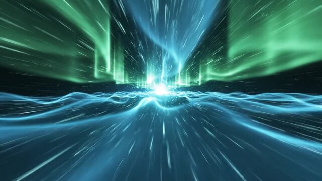 Abstract cosmic journey through a glowing green and blue energy tunnel in deep space