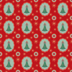 Seamless Christmas trees with stars pattern on red background. Season greetings and Happy New Year wallpaper. © NATTHAPHORN