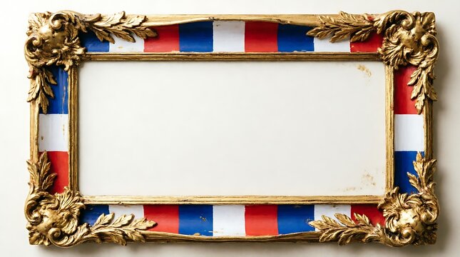 Antique ornate gold picture frame with French flag colors on the border, isolated on a white background for display