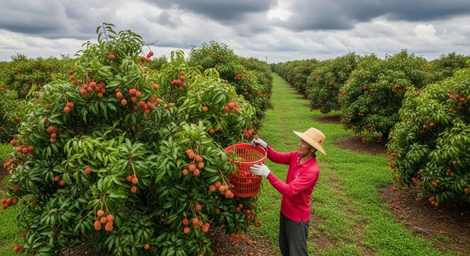 Farmer harvesting ripe lychee fruit in a lush green orchard under a cloudy sky