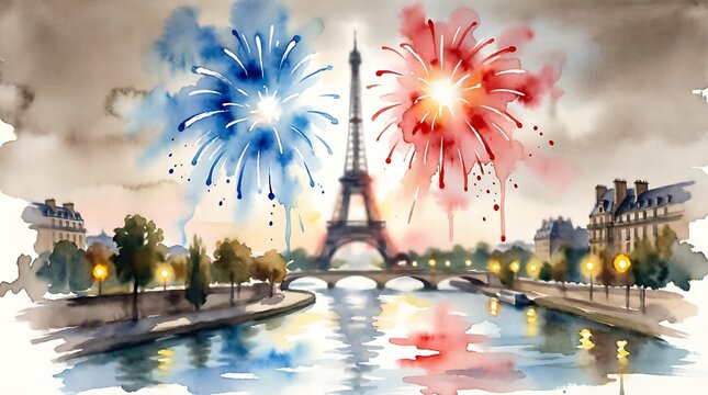 Watercolor painting of the Eiffel tower in Paris at night with vibrant blue and red fireworks over the river