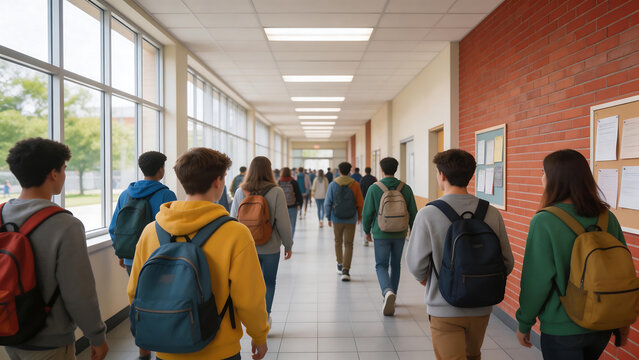 Students walking in school hallway
