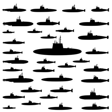 Collection of 24 black silhouette submarines arranged in a 6x4 grid on a white background, showcasing various designs and sizes. The submarines are depicted in a minimalist, vector illustration sty...
