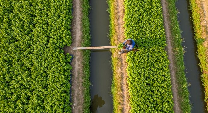 Farmer rests on wooden bridge overlooking lush green fields beside irrigation channel during harvest season