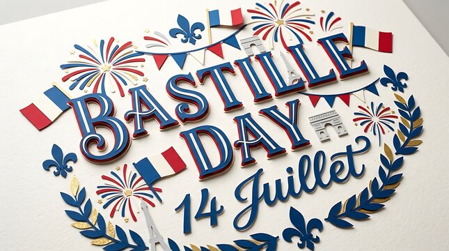 Beautiful 3D paper craft illustration for Bastille Day celebration with French flag and iconic Paris landmarks