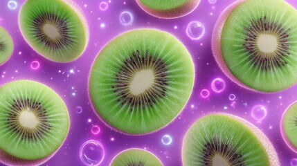 Fototapeta premium Bright Purple Background Featuring Vibrant Kiwi Slices Surrounded By Bubbles For Fresh And Playful Design Concepts