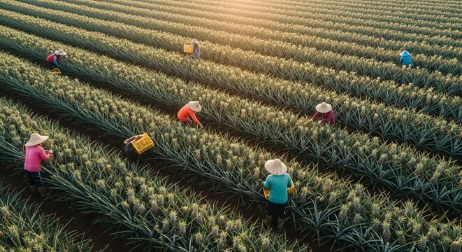 Farmers diligently harvesting pineapples in neat rows under warm sunlight during a productive agricultural season.