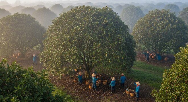 Farmers diligently harvesting ripe mangosteens from a large tree in a misty rural orchard during a beautiful sunrise.