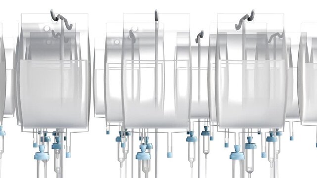 The camera tracks continuously to the side past a dense, endless row of hanging transparent IV bags filled with clear fluid against a clean white backdrop. 3d animation.
