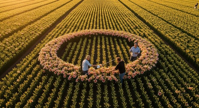 Farmers harvesting a circular field of blooming lilies under soft sunlight, showcasing floral agriculture.