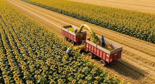 Farmers harvesting a vast sunflower field with agricultural machinery, capturing the golden crop during summer.