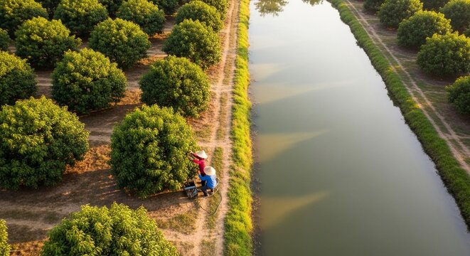 Farmers harvesting ripe lychee fruit from trees beside a calm waterway in a sunlit orchard