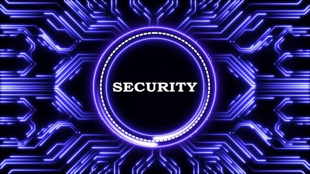Digital security concept animation with glowing blue circuit board background.