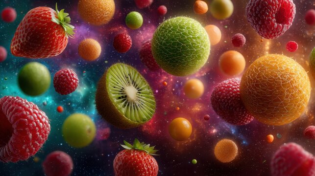 Vibrant Fruits Floating In A Cosmic Setting A Colorful Celebration Of Nature'S Abundance