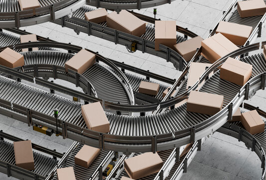 3D automated sorting network moving packages through a hub
