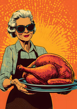 Pop art digital illustration of a cool senior woman in sunglasses holding a roasted turkey on a platter. Vibrant retro comic style for Thanksgiving or Christmas dinner celebration.