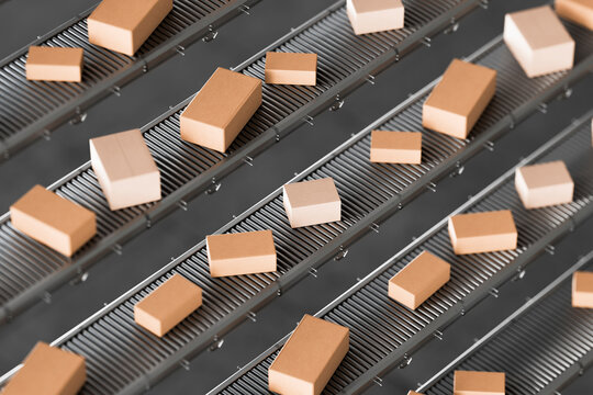 3D diagonal sorting conveyor distributing cardboard boxes