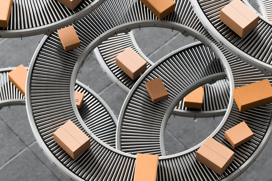 3D circular conveyor network routing parcels through loops
