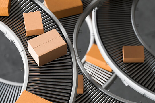 3D layered parcel conveyor winding through industrial curves