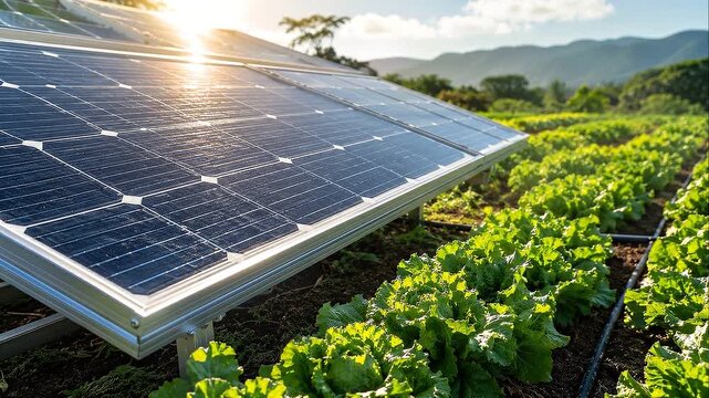 Solar powered agriculture panel above green crop field in mountain valley at sunrise, with solar panel over green vegetable farm under sunny sky