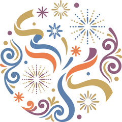 Naklejka premium Circular arrangement of abstract festive and swirls in muted colors background, blue celebration circle