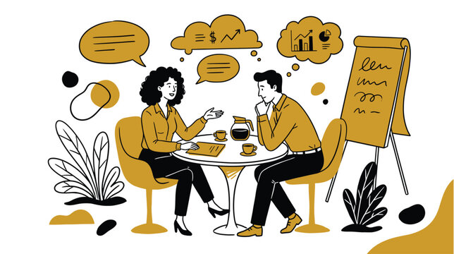 Flat vector illustration of a man and a woman having a business meeting over coffee