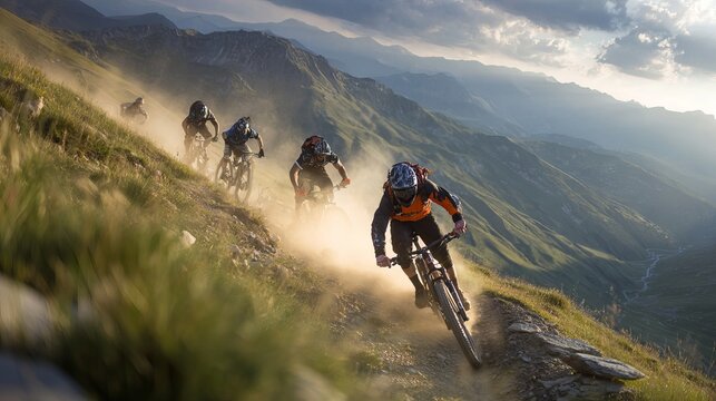 A group of mountain bikers riding down a dusty trail in a beautiful mountainous landscape