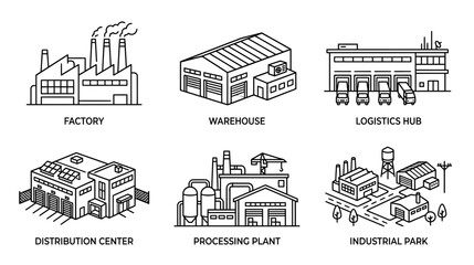 Obraz premium Industrial Buildings: Factory, Warehouse, Logistics Hub, Distribution Center, Processing Plant, Industrial Park
