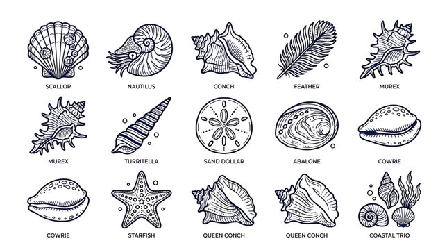 Collection of Hand-Drawn Seashells and Starfish Illustrations