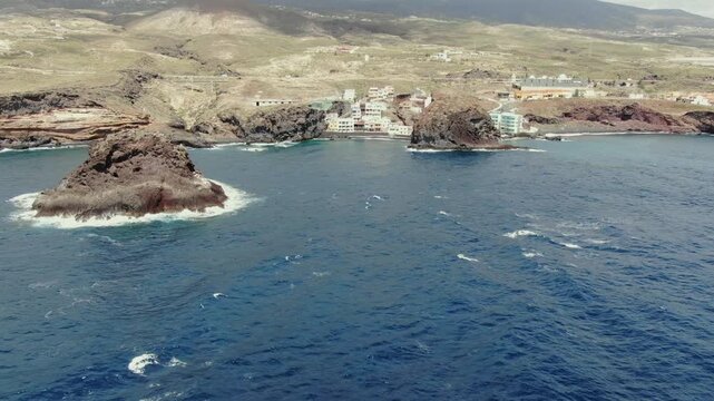 Beautiful aerial view of Los Roques de Fasnia in Tenerife, Canary Islands. A stunning landscape showing the volcanic rocks and the village