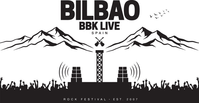 Bilbao bbk live rock festival silhouette with mountains and crowd spain