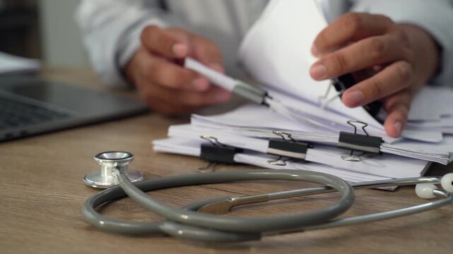 medical paperwork beside a laptop and stethoscope on a wooden desk, documenting information on stacked forms for an organized healthcare records workflow.