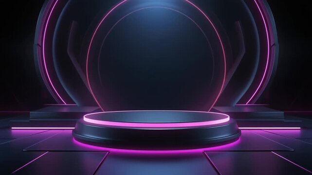 Futuristic Neon Podium Stage with Glowing Circular Platform and Dark Background