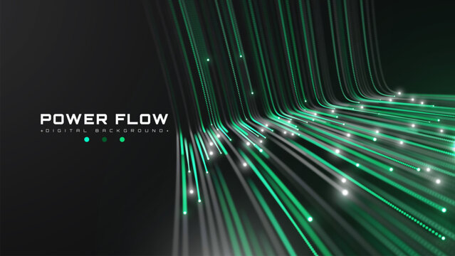 Green Eco Energy Transfer Background, Modern Science With Cyber Digital Network. Fast Speed Glow Neon Beam Graphic Design And Bright Light Advance Future Power System Art.